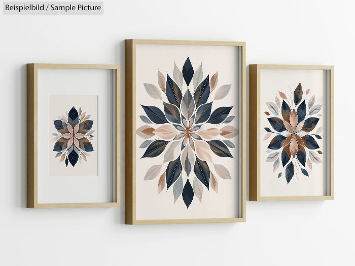 Three framed floral artworks with abstract leaf patterns in blue, beige, and brown tones on a white wall.