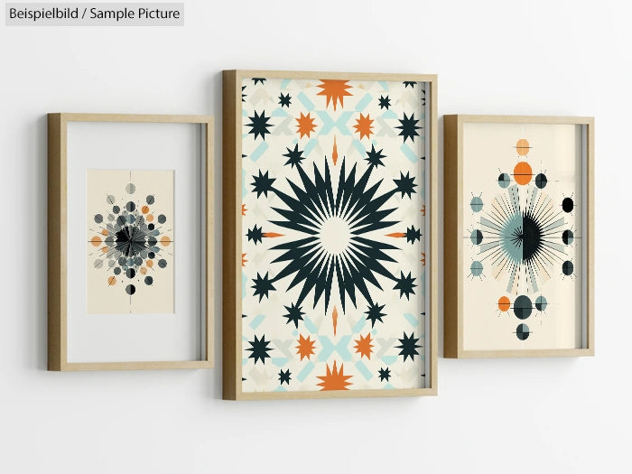 Set of three framed abstract starburst art prints with diverse geometric patterns and colors displayed on a white wall.