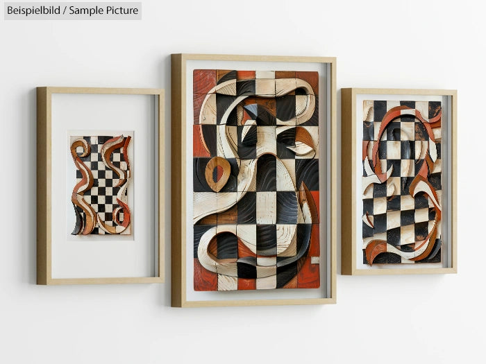 Three framed abstract artworks with geometric patterns and warm tones hanging on a white wall.