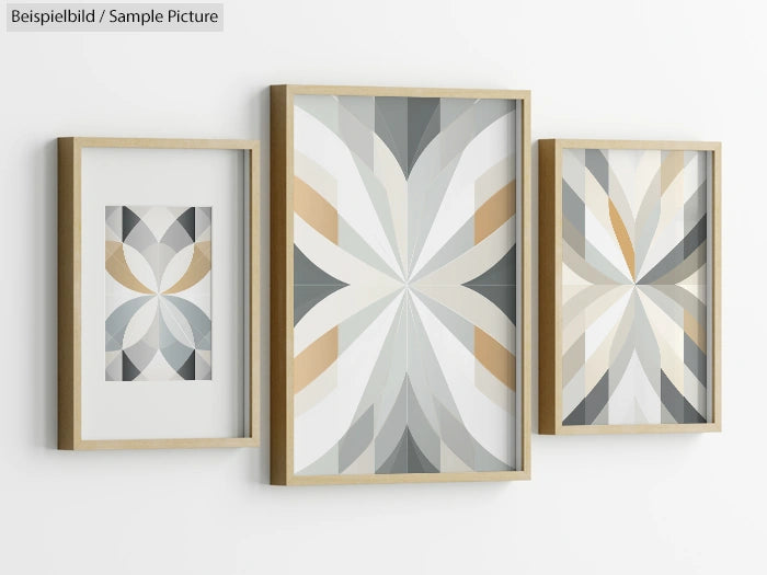 Three framed abstract geometric art pieces in neutral tones on a white wall.