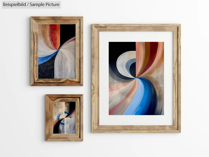 Three abstract artworks in wooden frames on a white wall displaying colorful, swirling patterns.