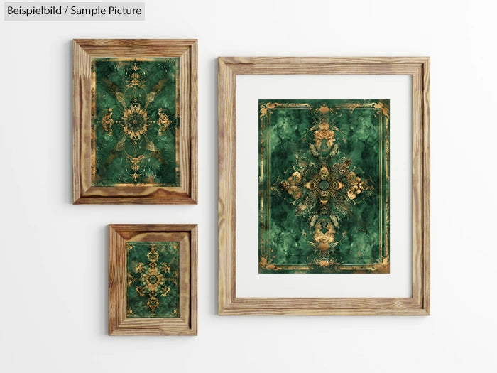 Three wooden frames displaying green and gold abstract artwork on a white wall.