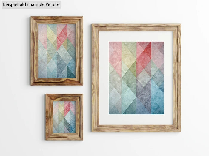 Three wooden framed geometric abstract paintings with pastel colors on a white wall.