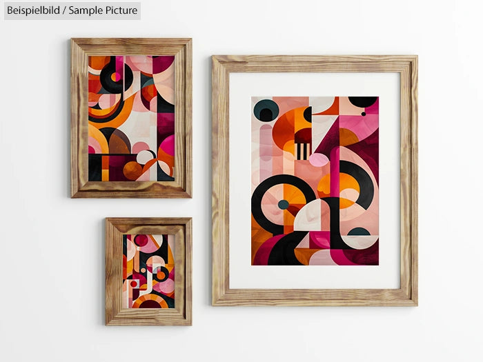 Three abstract geometric artworks in wooden frames featuring bold colors like pink, orange, and black on a white wall.