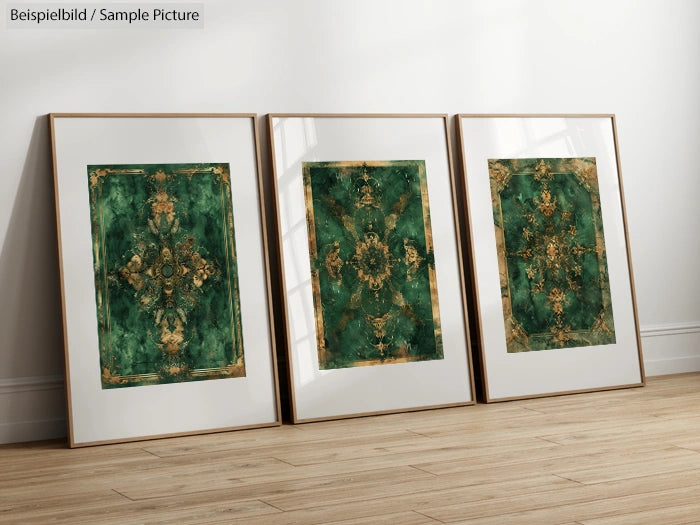 Three framed artworks with green and gold intricate patterns on a wooden floor against a white wall.