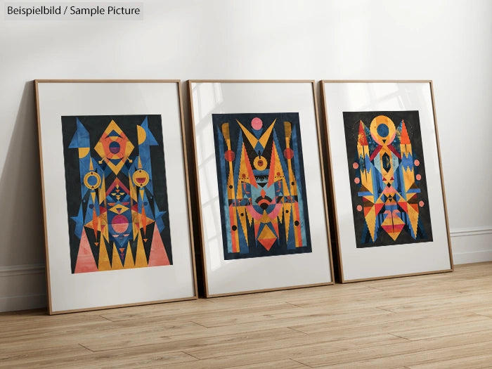 Three geometric abstract prints in frames leaning against a wall on a wooden floor.