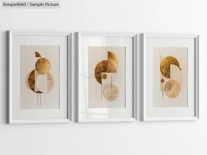 Three framed abstract artworks with geometric shapes in gold and beige tones on a white wall.