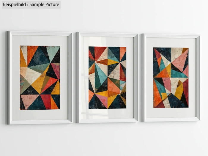 Three framed geometric abstract paintings with colorful triangular shapes on a white wall.