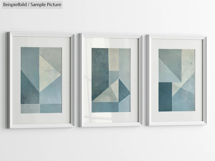 Triptych of abstract geometric art in shades of blue, gray, and white with various triangle and rectangle shapes.