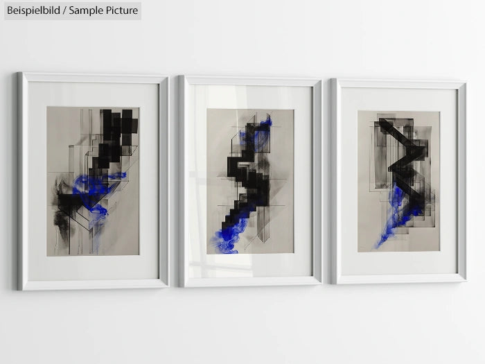 Triptych of abstract art with black geometric shapes and blue accents in white frames on a white wall.