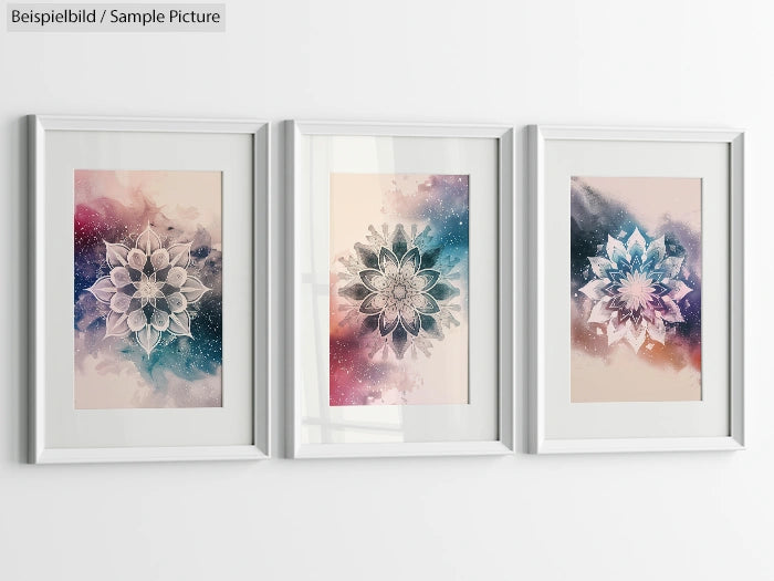 Three framed abstract floral art pieces with pastel colors on a wall.