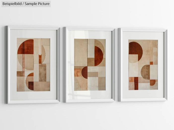 Three framed abstract geometric artworks in beige and rust tones, hung on a white wall.