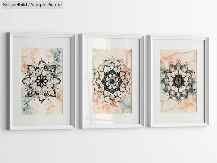 Three framed mandala artworks on a wall, featuring intricate black and orange designs on beige backgrounds.