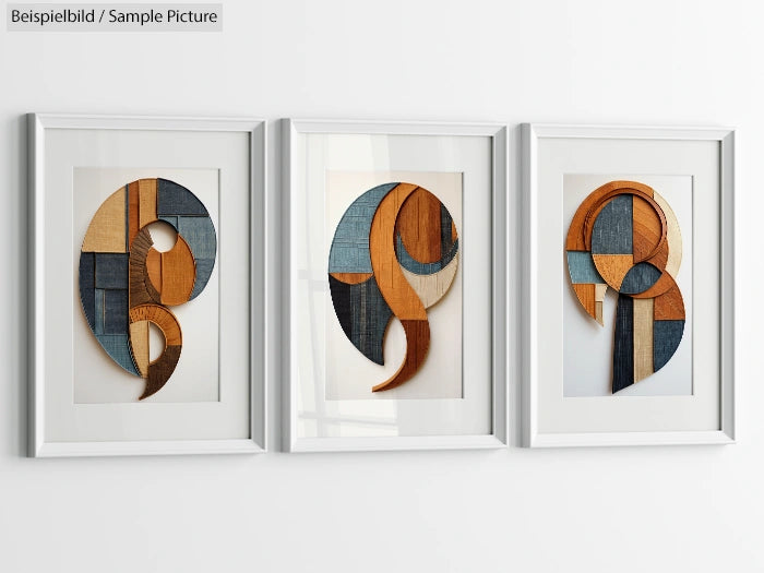 Three abstract artworks with wooden geometric shapes in white frames on a wall.