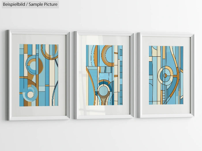 Three framed abstract artworks with blue, beige, and brown geometric patterns on a white wall.