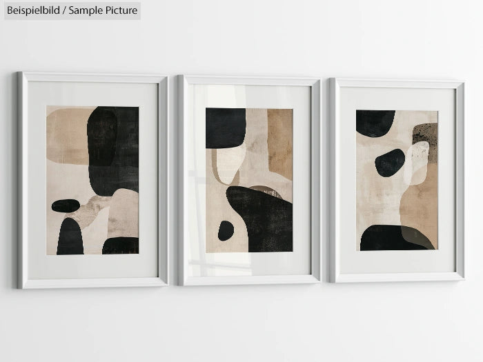 Triptych of framed abstract art with beige, black, and white shapes on a light background.