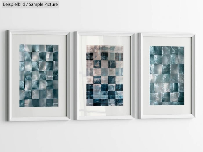 Set of three framed abstract mosaic artworks displayed on a white wall.