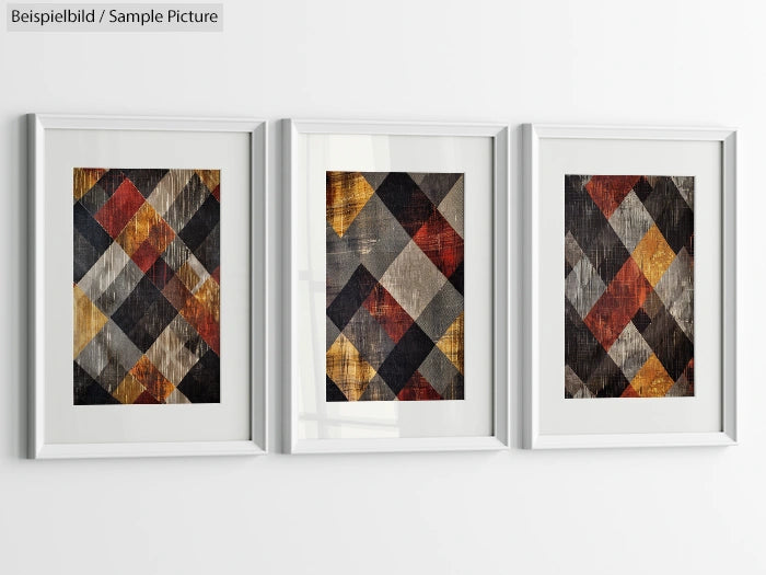 Three framed geometric artworks on a wall, with overlapping diamond patterns in earthy red, brown, and black tones.