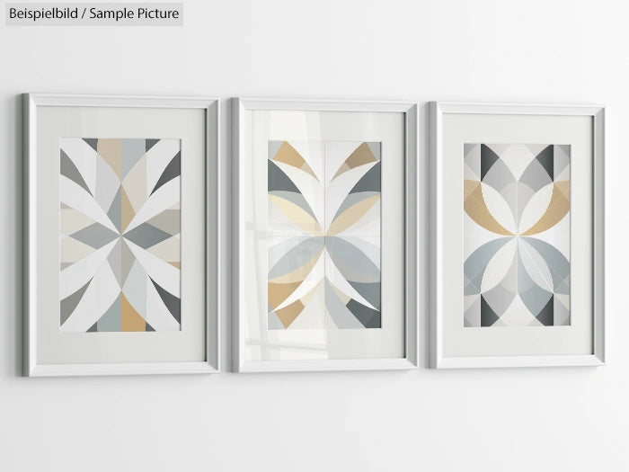 Set of three framed abstract geometric art prints with grey, beige, and white tones on a white wall.