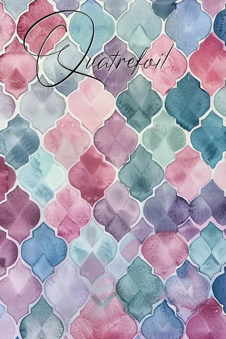 Pastel quatrefoil pattern with pink, blue, and purple hues, featuring decorative text 'Quatrefoil' at the top.