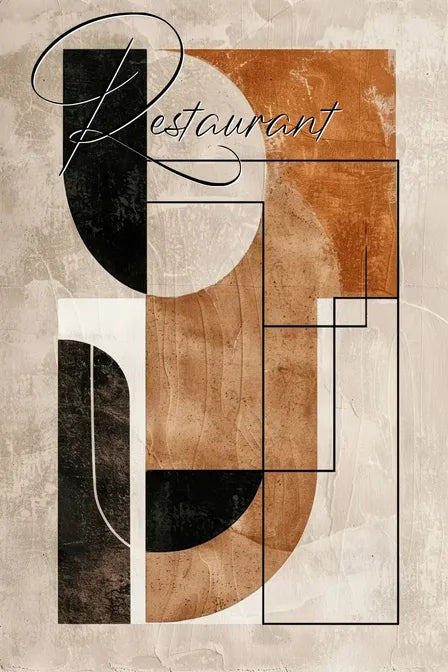 Abstract geometric design with 'Restaurant' text; features brown, black, and beige shapes on textured background.