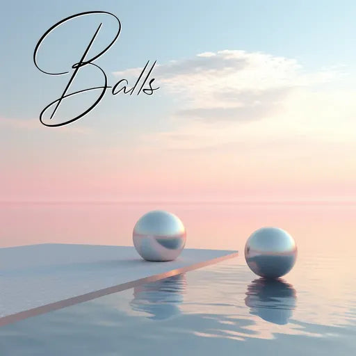 Two reflective spheres on a serene water surface with a pastel sky backdrop, titled 'Balls' in elegant script.