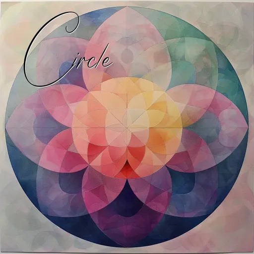 Colorful geometric mandala with overlapping circles in gradient hues, text 'Circle' at top left.