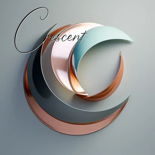 Metallic crescent shapes in layers with 'Crescent' text, on a neutral background.