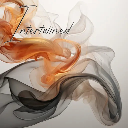 Abstract art with flowing orange and gray smoke-like swirls overlayed by the word 'Intertwined' in elegant script.