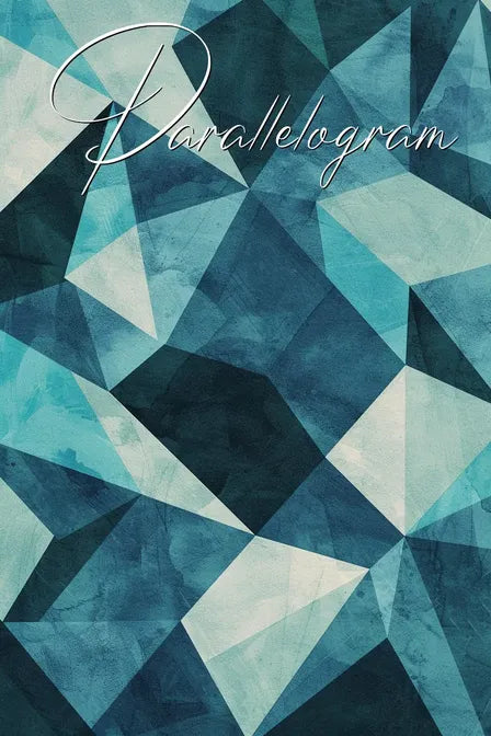 Abstract geometric pattern with blue and teal triangles, overlaid with cursive text 'Parallelogram' at the top.