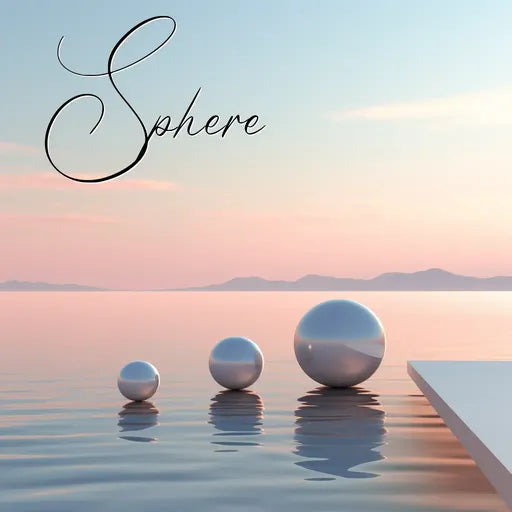 Spheres on a reflective surface with a pastel sky and mountains in the background.