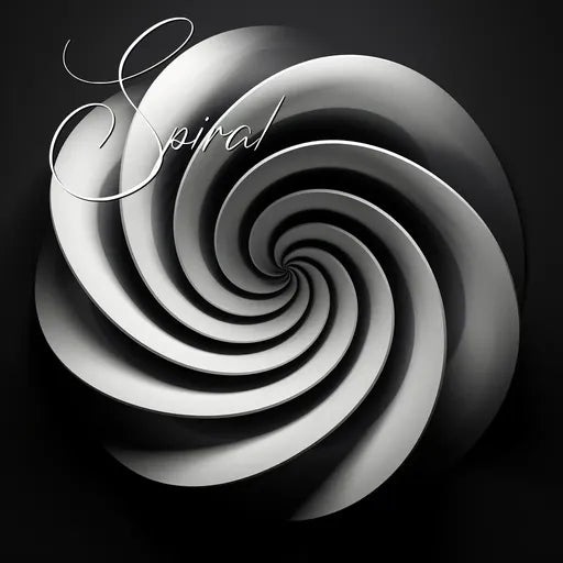 Black and white spiral design with the word 'spiral' elegantly written in cursive at the top left corner.