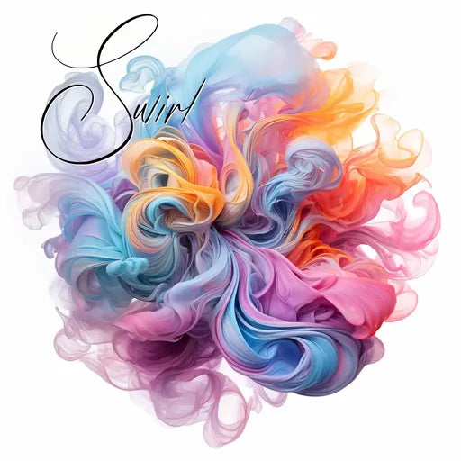 Abstract painting with colorful swirling patterns and the word 'Swirl' in cursive text.