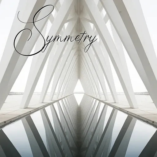 Symmetrical architectural structure reflecting on water with the word 'Symmetry' in elegant font.