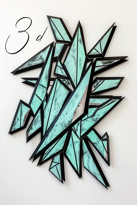 3D abstract art with jagged, geometric turquoise shards outlined in black on a white background.