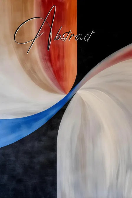 Abstract painting with intersecting curves in red, blue, and white against a dark background with 'Abstract' text.