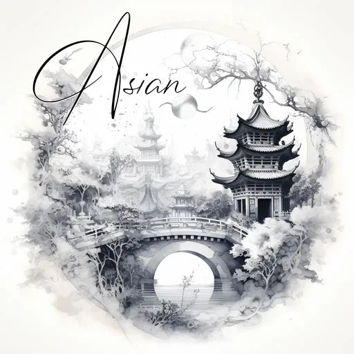 Monochrome illustration of Asian architecture with pagodas, trees, and a bridge, stylized text "Asian" overlay.