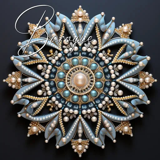 Intricate Baroque-style mandala with pearls and gemstones on a dark background.