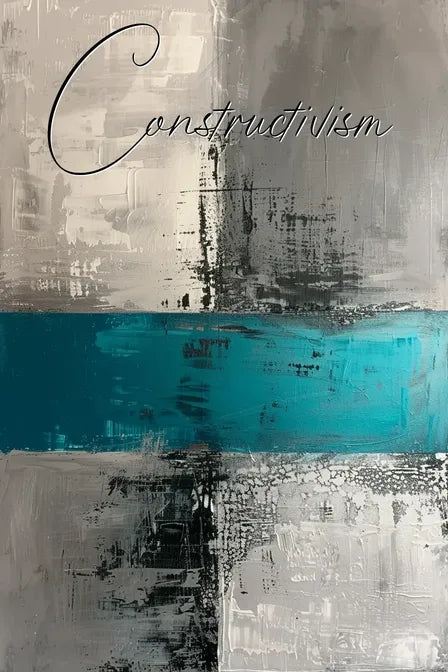 Abstract Constructivism painting with metallic textures and a bold turquoise horizontal stripe.