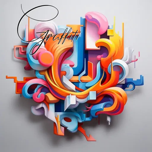 Colorful 3D abstract graffiti art with swirling shapes and bold colors on a light background.