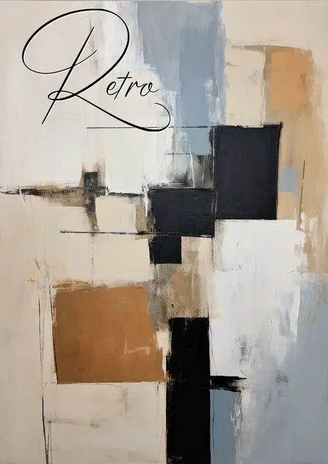 Abstract painting with beige, blue, and black rectangles; the word 'Retro' in cursive at the top.