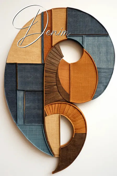 Abstract denim artwork with geometric shapes in blue and brown tones.