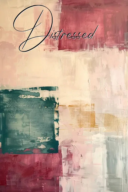 Abstract painting with red, green, and cream blocks; the word 'Distressed' written in elegant script on top.