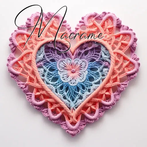 Heart-shaped macrame art with pink and purple yarns, featuring a central flower design and the word "Macrame" overlay.